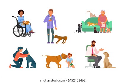 Set of portraits of adorable pet owners and cute domestic animals. Bundle of people with their best friends cats and dogs isolated on white background. Flat Art Vector illustration