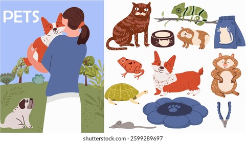 Set of portraits of adorable pet owners and cute pets. Hand drawn vector illustration.