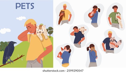 Set of portraits of adorable pet owners and cute pets. Hand drawn vector illustration.