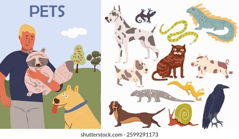 Set of portraits of adorable pet owners and cute pets. Hand drawn vector illustration.