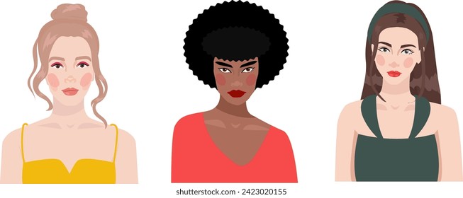 Set of portraits of african american and blond women. Diverse african, american women faces. Happy person avatar. Characters bundle. Flat vector illustration isolated on white background. Fashion