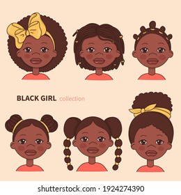 Set with portraits of African girls. Black baby faces with different hairstyles. Brown skin, black hair. Colorful vector illustration.