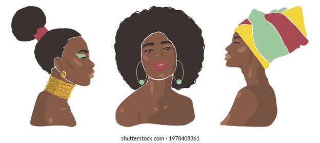 Set of portraits of African women. Modern fashion portrait in a minimalist, abstract style. Face painting art. Hand drawn illustration for beauty concept, t-shirt print, poster, postcard, decor.