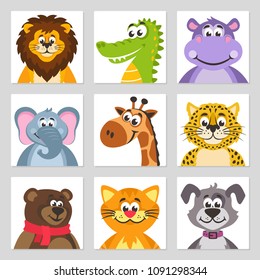 Set of portraits of animals in a square frame. Lion, alligator (crocodile), hippopotamus, elephant, giraffe, leopard, bear, cat, dog. Icons in a flat style. Cartoon characters for children. Vector.