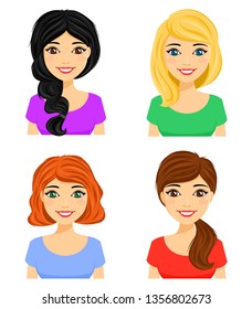 Set. Portraits of attractive girls with different hairstyles. Different hair color. Flat style on white background. Cartoon.