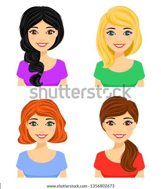 Set Portraits Attractive Girls Different Hairstyles Stock