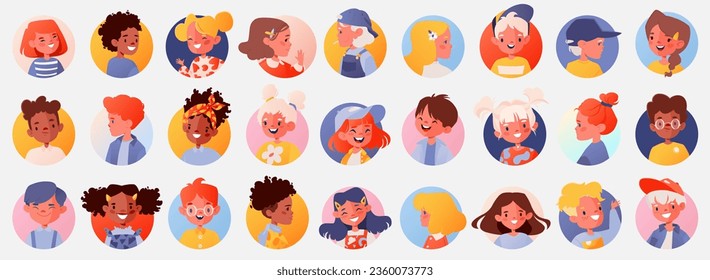 Set of portraits, avatars of children. Modern stylish diverse characters, different nationalities and ages. Smiling boys and girls. Flat cartoon style isolated on white background. 