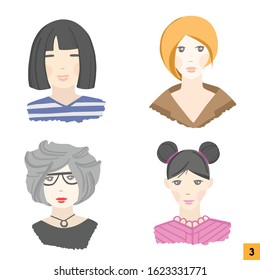 Set of portraits of avatars of cute different women isolated on a white background. Different age, nationalities, clothes and hair styles.
