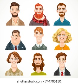 Set of portraits of avatars of different men isolated on a white background