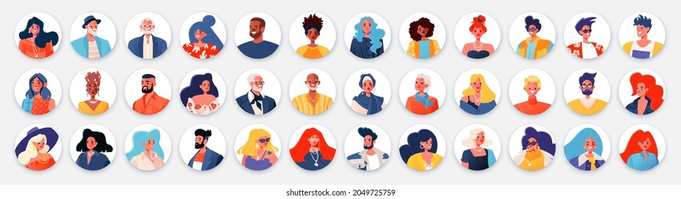 Set of portraits, avatars, icons with cute vector characters in a flat cartoon style. Modern stylish diverse people. Smiling female and male characters of different races and ages