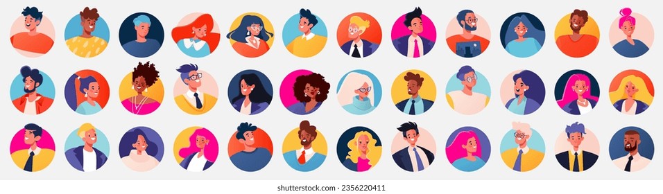 Set of portraits, avatars, icons with cute vector characters in flat cartoon style. Modern stylish diverse people, ethnicities, ages, smiling female and male characters of different races and ages.