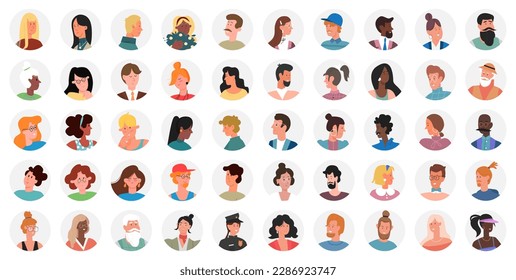 Set of portraits, avatars, icons people, male female expressing emotions. Laughter joy, smile calmness. Diversity of personages, multiethnic society. Modern stylish diverse people vector illustration
