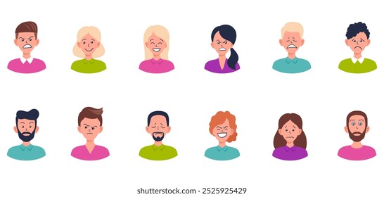 Set of portraits and avatars of man and woman. Happy, sad, angry, surprised, upset, proud faces of people. Male and female emotions. Facial expression. Vector cartoon characters, flat profile icons.