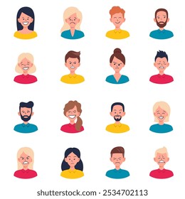 Set of portraits and avatars of man and woman. Happy, sad, angry, surprised, upset, proud faces of people. Male and female emotions. Facial expression. Vector cartoon characters, flat profile icons.