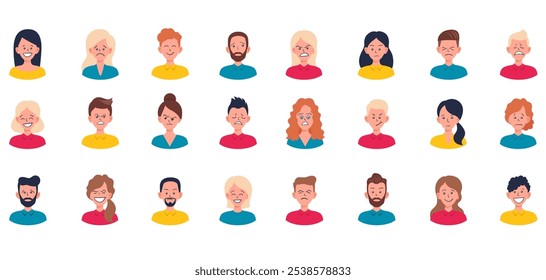 Set of portraits and avatars of man and woman. Happy, sad, angry, surprised, upset, proud faces of people. Male and female emotions. Facial expression. Vector cartoon characters, flat profile icons.