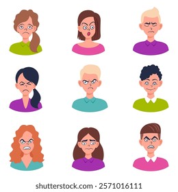 Set of portraits and avatars of man and woman. Happy, sad, angry, surprised, upset, proud faces of people. Male and female emotions. Facial expression. Vector cartoon characters, flat profile icons.