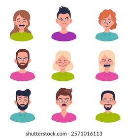 Set of portraits and avatars of man and woman. Happy, sad, angry, surprised, upset, proud faces of people. Male and female emotions. Facial expression. Vector cartoon characters, flat profile icons.