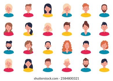 Set of portraits and avatars of man and woman. Happy, sad, angry, surprised, upset, proud faces of people. Male and female emotions. Facial expression. Vector cartoon characters, flat profile icons.