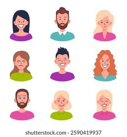 Set of portraits and avatars of man and woman. Happy, sad, angry, surprised, upset, proud faces of people. Male and female emotions. Facial expression. Vector cartoon characters, flat profile icons.