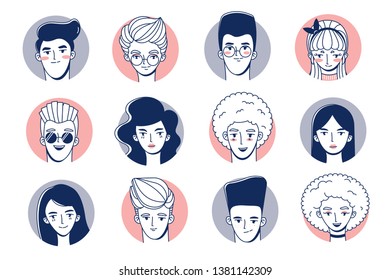 Set of portraits of avatars of young women and men. Retro style.