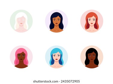 Set of portraits of avatars of young women. Set of cute avatar icons for using as face icons or profile pictures in social network sites. Women of different nationality. Vector cartoon illustration