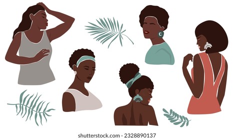 A set of portraits of beautiful dark-skinned tanned women. Fashionable girls in summer clothes. Vector graphics.