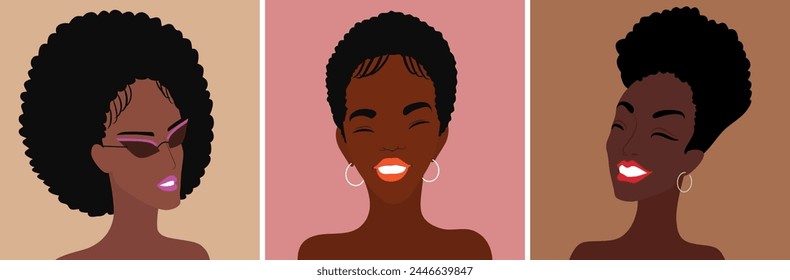 Set of portraits of beautiful smiling African American woman. Fashion portrait of happy female face of african ethnicity. Minimalist vector illustration. Avatar for a social network