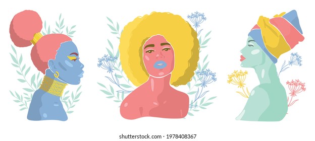 Set of portraits of bright African women with flowers. Modern trendy color portrait in minimalistic, abstract style. Hand drawn illustration for beauty concept, t-shirt print, poster, postcard, decor.