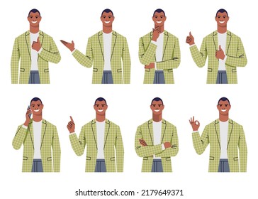 A set of portraits of a businessman in various poses and gestures. Young black man in suit isolated. Gestures of agreement, showing, thinking, thumbs up, calling, arms crossed, Ok. Flat vector.