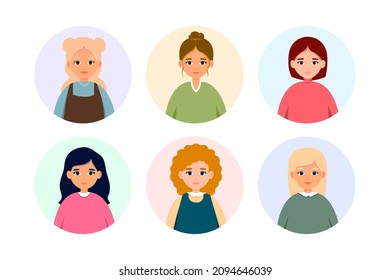 Set Of Portraits Of Caucasian Woman. Group Of Avatars Of Female Person. Vector Icon Of Adult In Flat Style. Headshot.