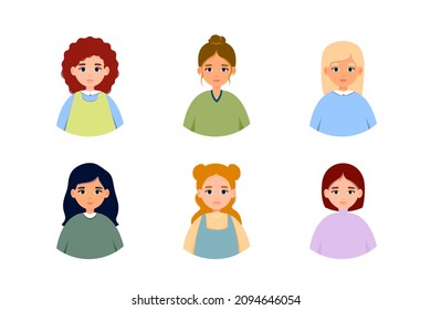 Set Of Portraits Of Caucasian Woman. Group Of Avatars Of Female Person. Vector Icon Of Adult In Flat Style. Headshot.