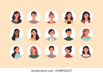 Conjunto de retratos. Colección de avatares para redes sociales y sitios web. Estudiantes, compañeros de clase, adolescentes, pegatinas para escolares. Ilustraciones del vector plano de dibujos animados aisladas en fondo beige