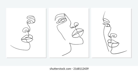 Conjunto de retratos. Línea continua, ilustración vectorial minimalista de la hermosa cara de la mujer. Para camisetas, diseño de slogan estilo gráfico impreso.