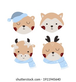 Set of portraits of cute animals. Bear, fox, cow and deer. Vector illustration