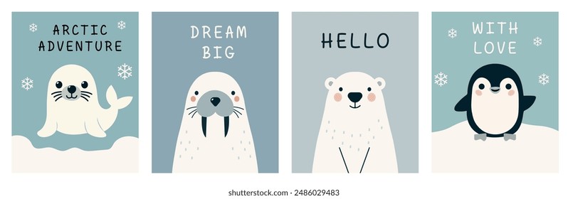 A set of portraits of cute cartoon animals, a bear, a penguin, a walrus and a seal. Winter characters. Wildlife of the Arctic and Antarctic. Design concept: children's print, poster, postcard