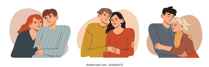 Retratos con parejas adorables enamoradas. Joven hombre y mujer mirándose el uno al otro. Ilustración de dibujos animados planos coloridos. 