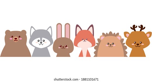 Set of portraits of cute forest animals isolated on white background. Flat design for poster or t-shirt. Vector illustration