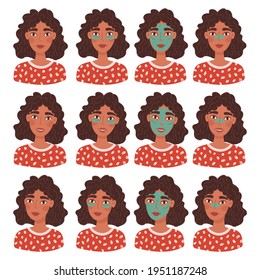 Set portraits of cute happy young woman with cosmetic mask, patches and beauty routine products. Avatar of smiling black curly girl with different head poses. Flat cartoon vector illustration.