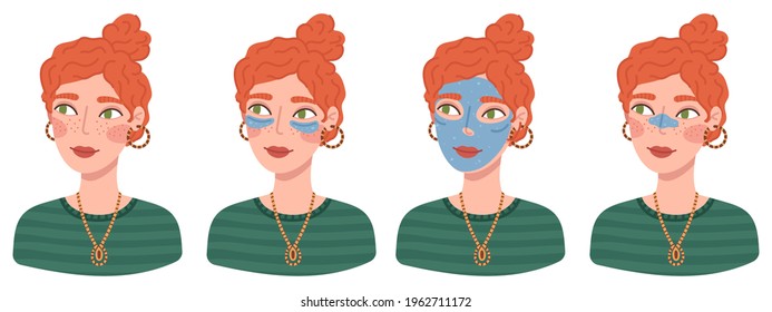 Set of portraits of cute happy young woman with cosmetic mask, patches and beauty routine products. Avatar of smiling redhead curly girl. Flat cartoon vector illustration.