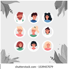 Set of portraits of different people in a flat cartoon style hand in frames - young happy women and men of different concepts for avatars isolated on a background of leaves.