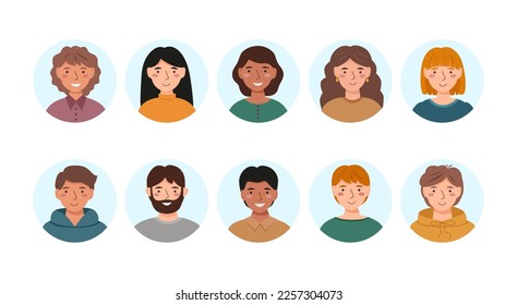 Set of portraits of different people isolated on a white background. People avatar set.