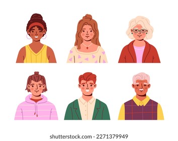 Set of portraits of different people. Multiracial men and women of different ages and generations. Elderly and young smiling characters. Design elements for avatar. Cartoon flat vector collection