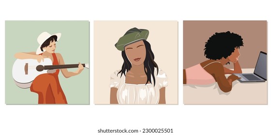 Set of portraits of different women. Diversity. Vector flat illustration. Avatar for a social network. Modern young feminine woman, fashion minimal trendy people face in flat.