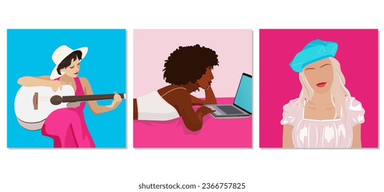 Set of portraits of different women. Diversity. Vector flat illustration. Avatar for a social network. Pink Dolly style. Modern young woman, fashion minimal trendy people face in flat.