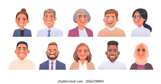 Set of portraits of diverse people. Bundle of avatars of men and women of different ages and nationalities. Business team, colleagues. Vector illustration in cartoon style