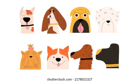 Set of portraits of emotional dogs of different breeds. Vector illustration in flat style