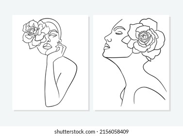 Juego de retratos S, cara con flor. Simple, minimalista ilustración vectorial de una mujer hermosa. Dibujo de línea