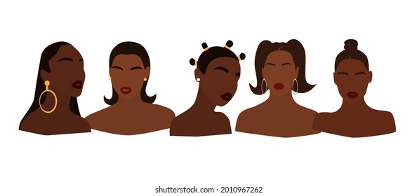 Set of portraits of faceless women. Collection of abstract black girls with different hairstyles. Trendy minimal vector illustration isolated on white background.