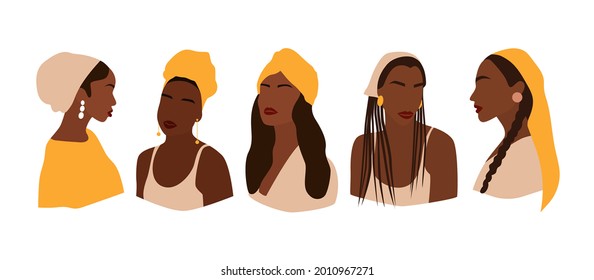 Set of portraits of faceless women in different hat. Collection of abstract girls. Trendy minimal vector illustration isolated on white background.