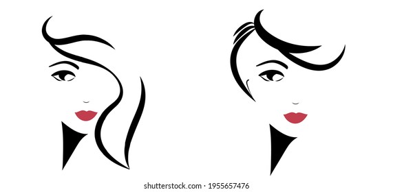 A set with portraits of the faces of two girls isolated on a white background. The outlines of the faces of women with strands of black hair in their hairstyles and red lips.